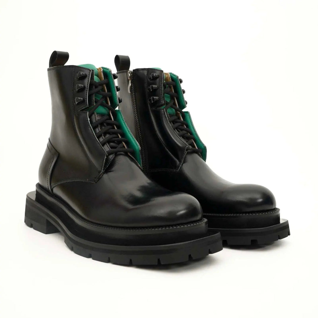 Black Plain-Toe Calf Leather Lace-Up Boots