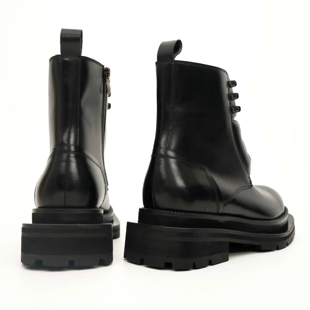 Black Plain-Toe Calf Leather Lace-Up Boots
