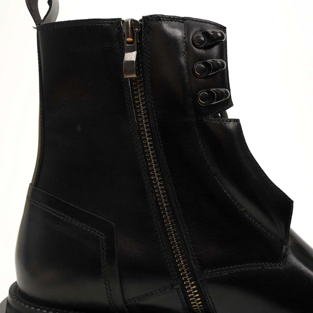 Black Plain-Toe Calf Leather Lace-Up Boots