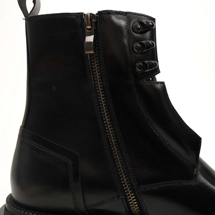 Black Plain-Toe Calf Leather Lace-Up Boots