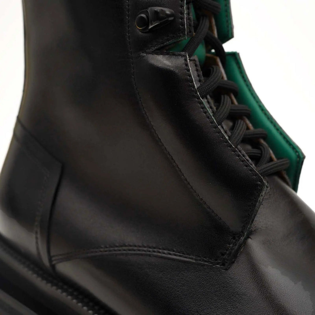 Black Plain-Toe Calf Leather Lace-Up Boots
