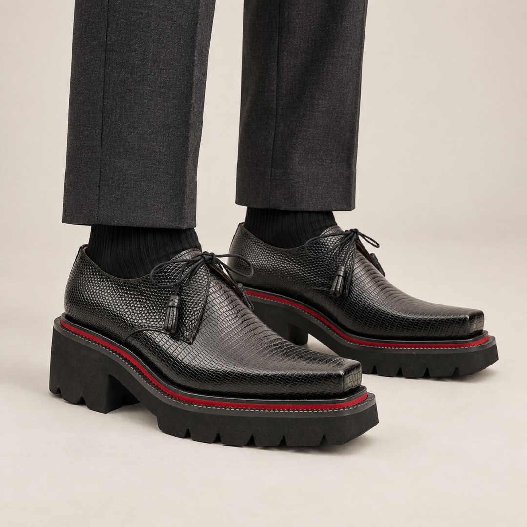 Black Lizard-Embossed Cow Leather Derby Shoes