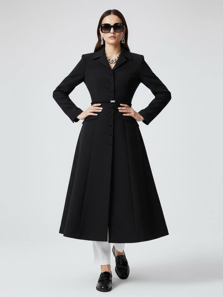 Black Long Tailored Coat with Belt - BOERUM HILL: New Collection COUTURE in BROOKLYN - BYMANYC ® New York