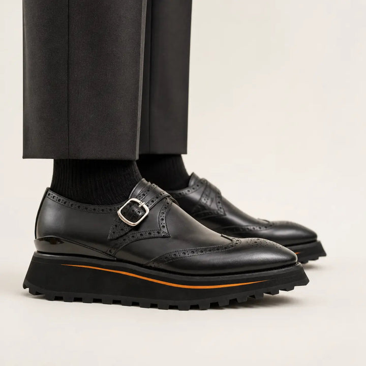 Black Brogue Monk Shoes With Chunky Sole