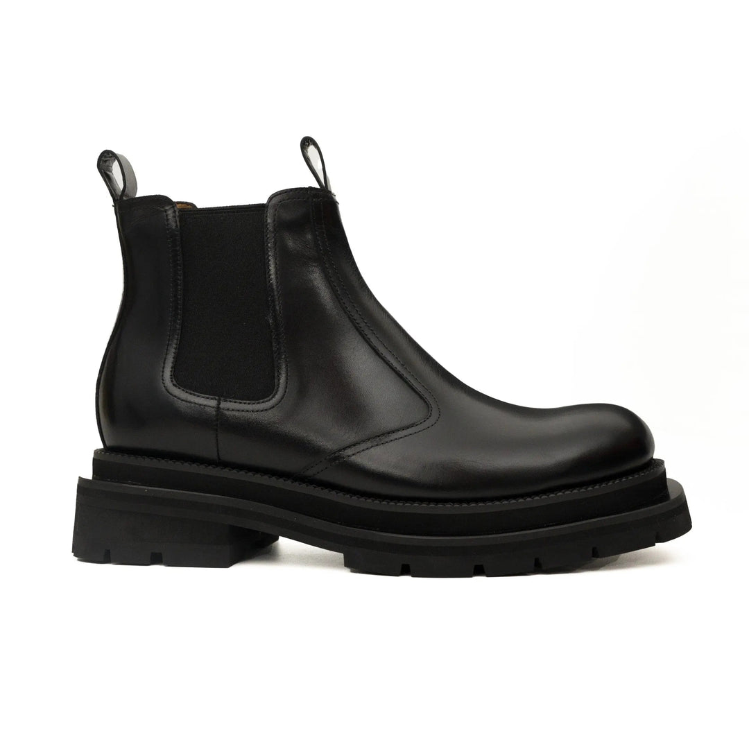 Black Calf Leather Lug-Sole Chelsea Boots