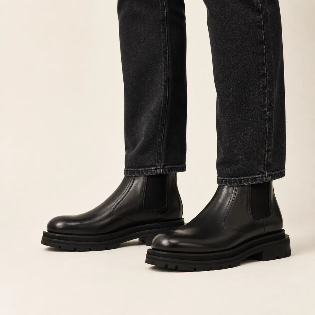 Black Calf Leather Lug-Sole Chelsea Boots