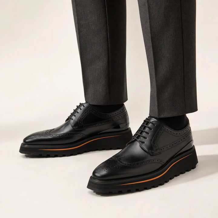 Thick-soled calfskin formal brogue derby shoes Black