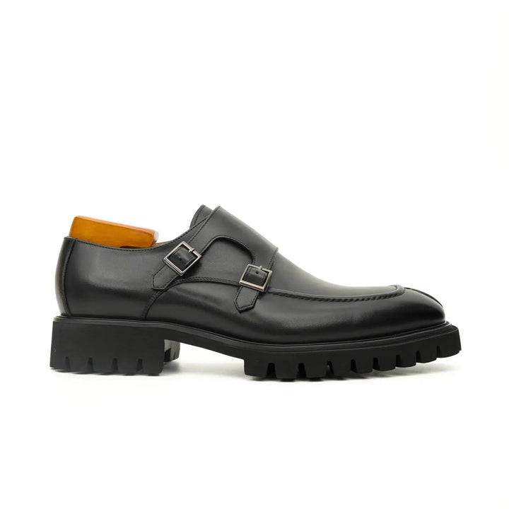 Black Double Monk Strap Leather Shoes