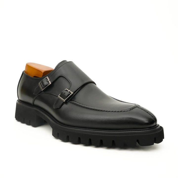 Black Double Monk Strap Leather Shoes