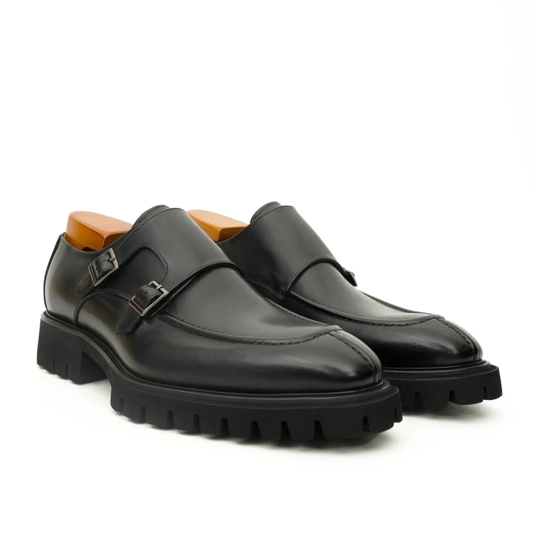 Black Double Monk Strap Leather Shoes