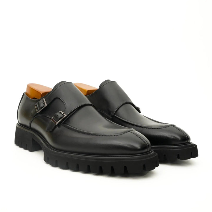 Black Double Monk Strap Leather Shoes