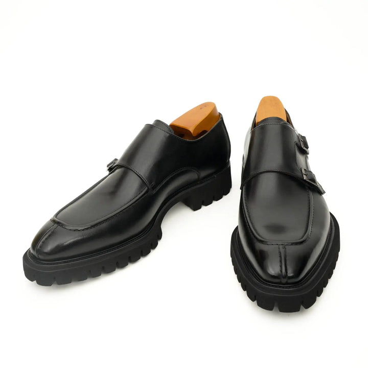 Black Double Monk Strap Leather Shoes