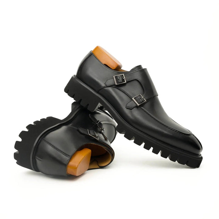 Black Double Monk Strap Leather Shoes