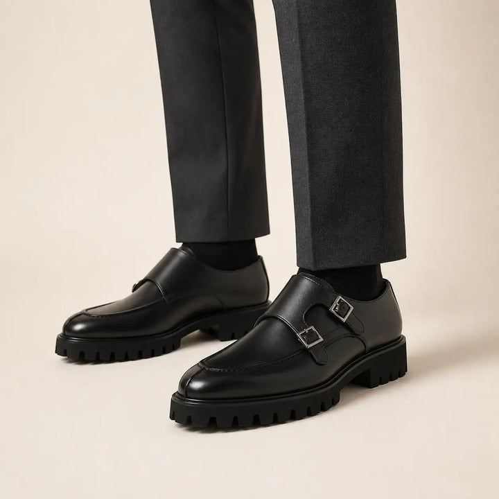 Black Double Monk Strap Leather Shoes