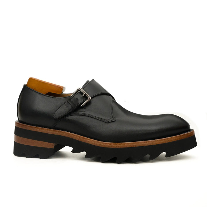 Black Plain-Toe Calf Leather Monk Shoes