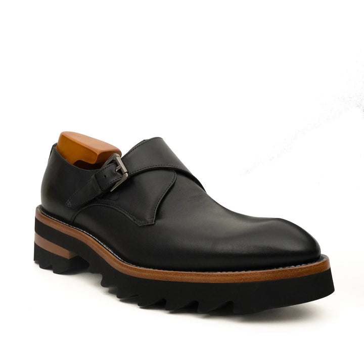 Black Plain-Toe Calf Leather Monk Shoes