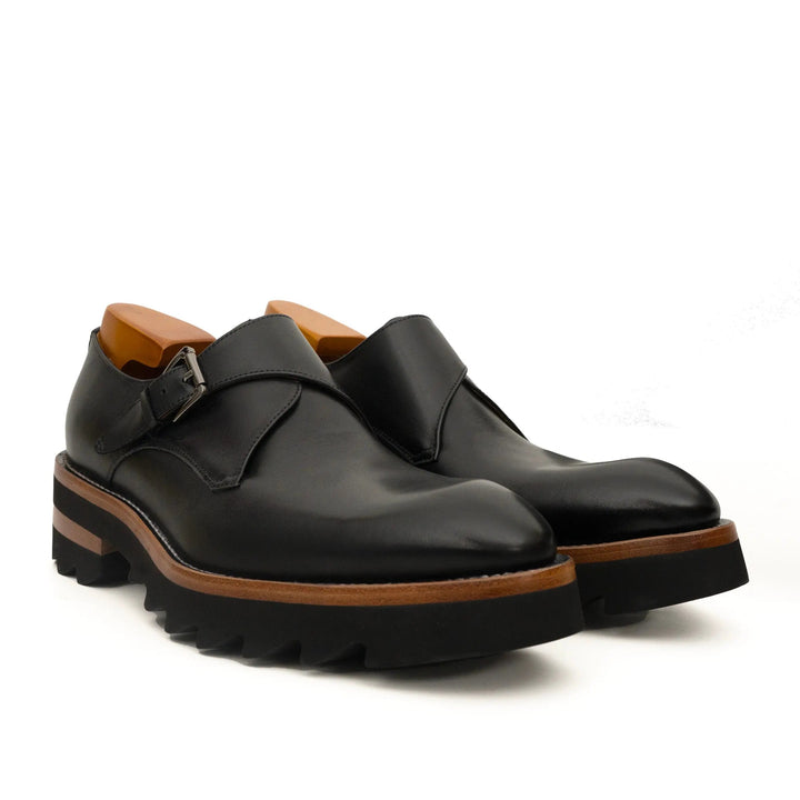 Black Plain-Toe Calf Leather Monk Shoes