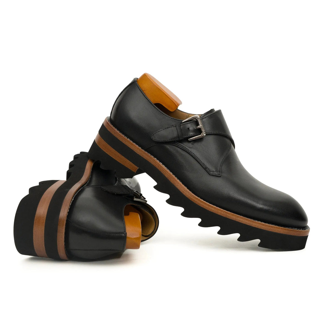 Black Plain-Toe Calf Leather Monk Shoes