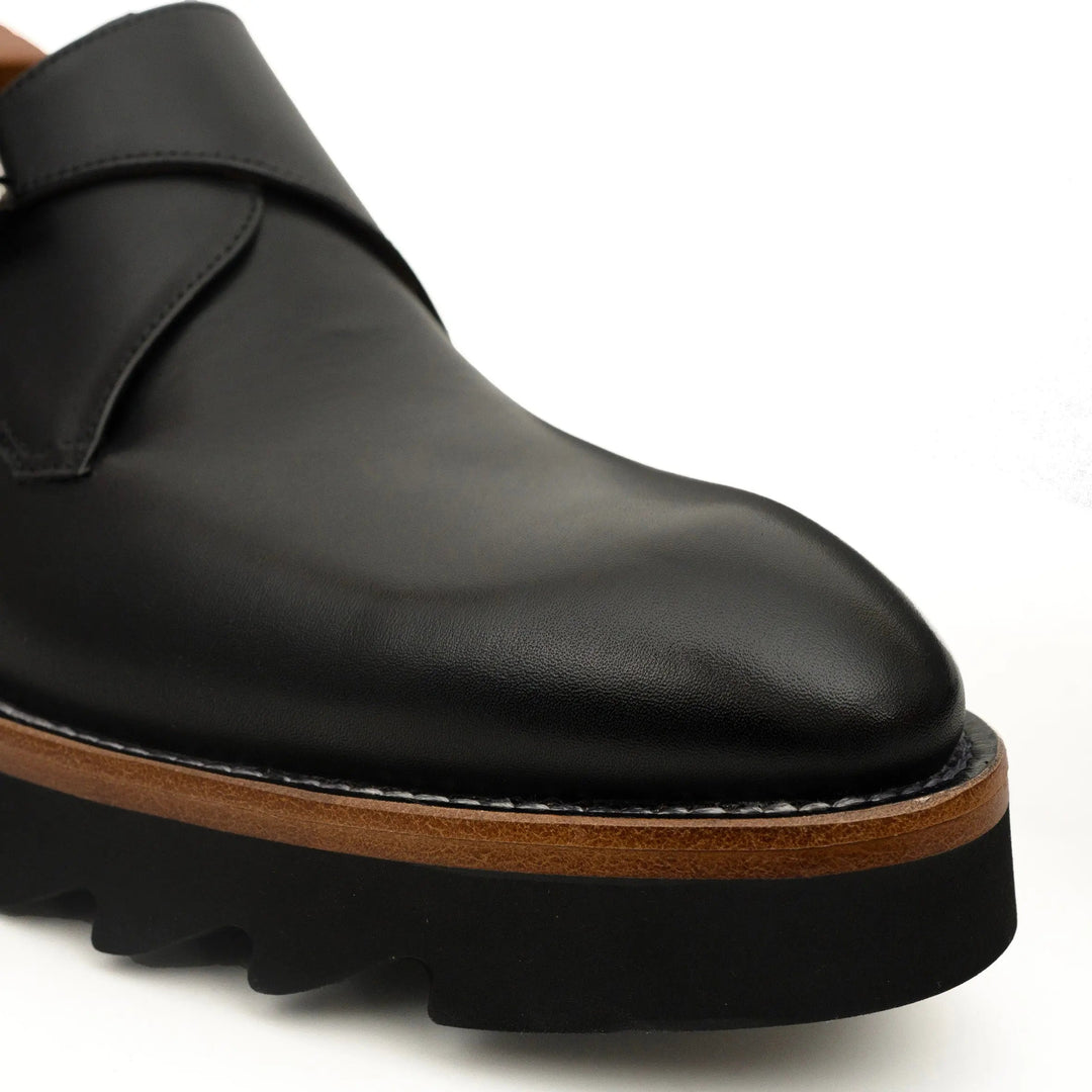 Black Plain-Toe Calf Leather Monk Shoes