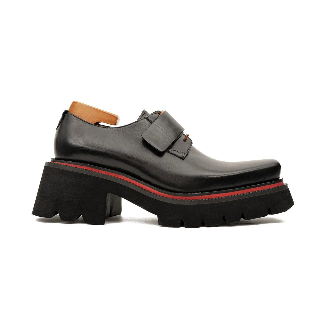 Black Square-Toe Calf Leather Monk Shoes