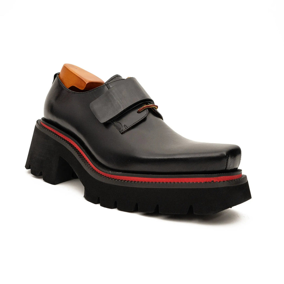 Black Square-Toe Calf Leather Monk Shoes