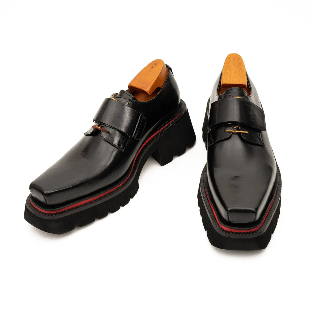 Black Square-Toe Calf Leather Monk Shoes