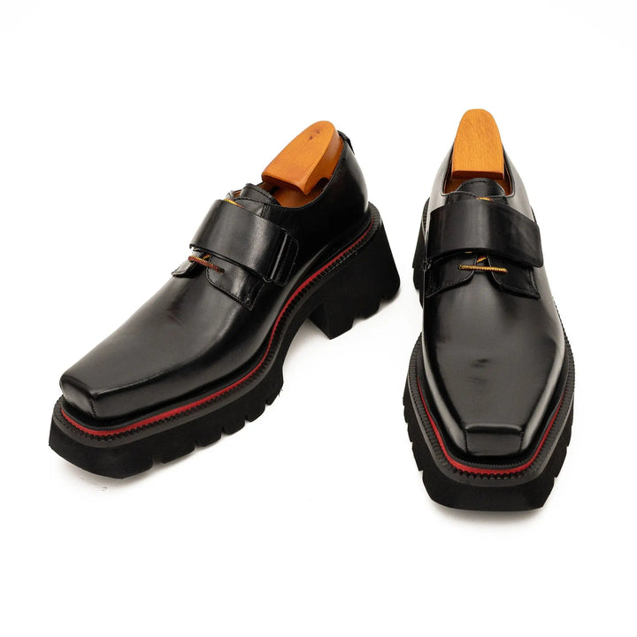 Black Square-Toe Calf Leather Monk Shoes