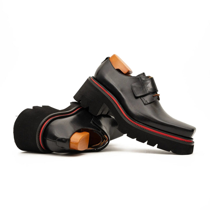 Black Square-Toe Calf Leather Monk Shoes
