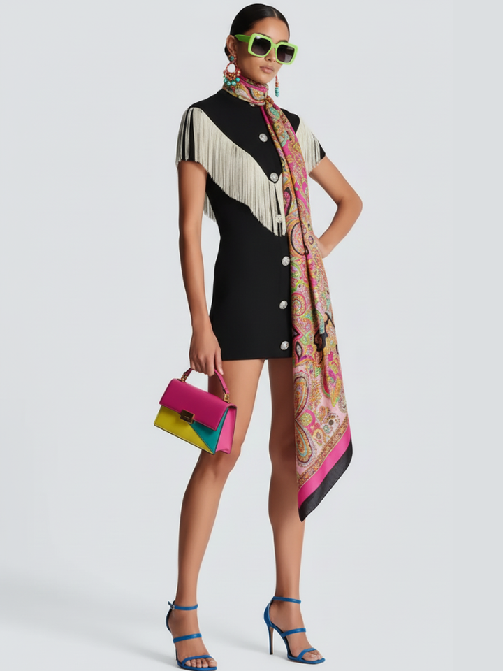 Black Mini Bodycon Dress with Button Tassel For Women, Meatpacking District, BYMANYC New York.