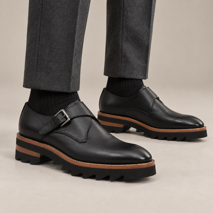 Black Plain-Toe Calf Leather Monk Shoes