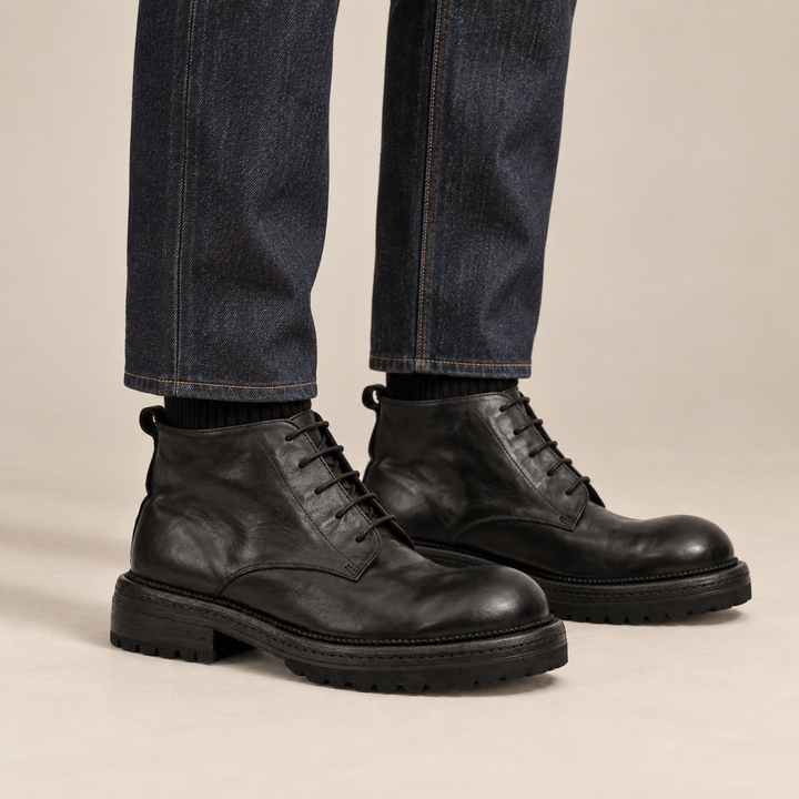 Black Plain-Toe Cow Leather Ankle Boots