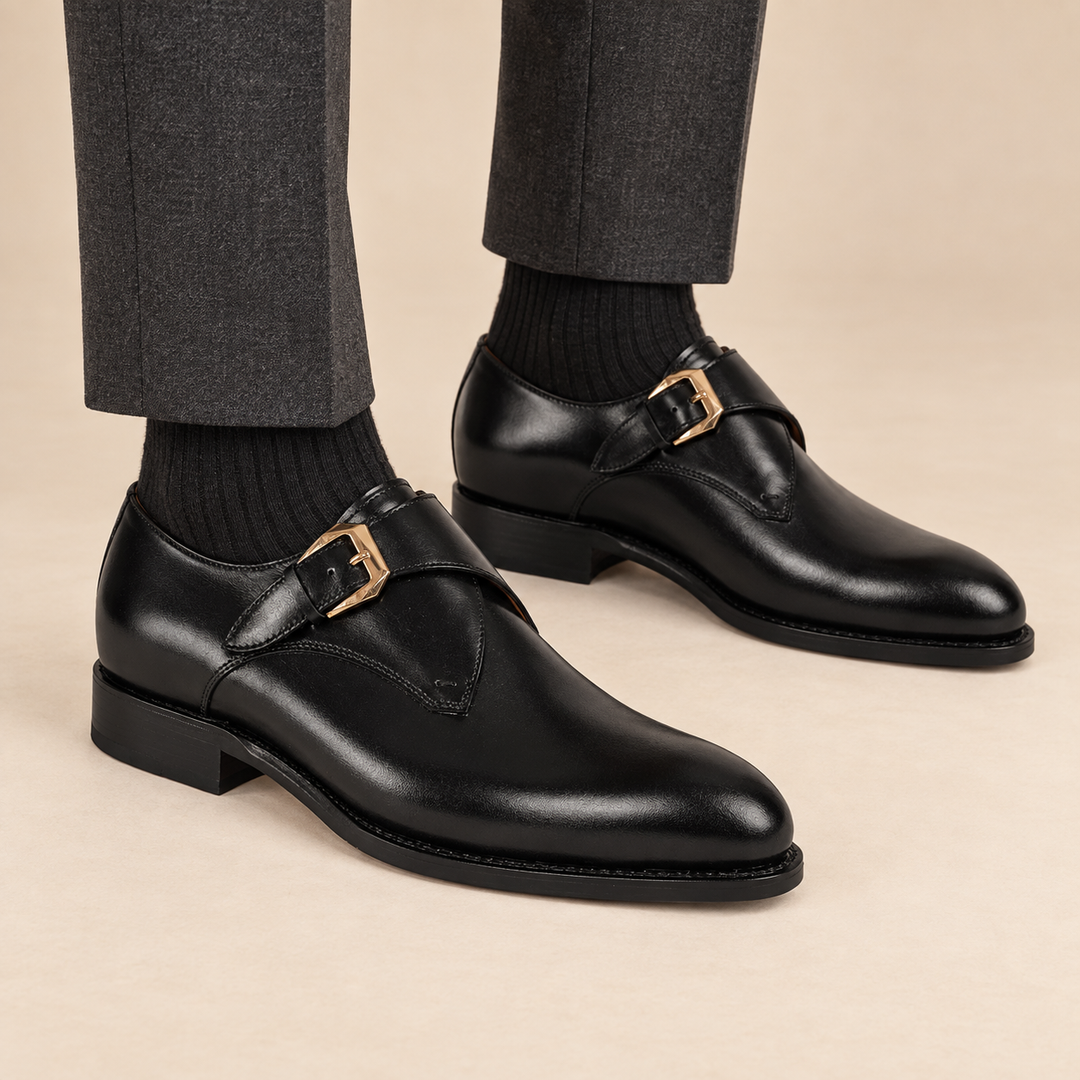 Black Plain-Toe Cow Leather Monk Shoes