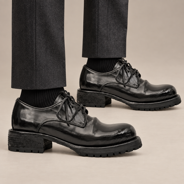 Black Plain-Toe Horse Butt Leather Derby Shoes