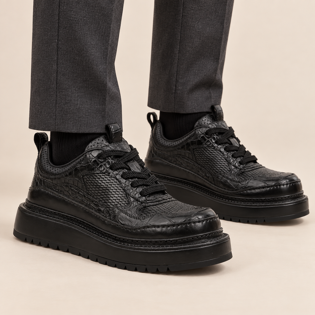 Black Platform Calf &amp; Crocodile Leather Derby Shoes