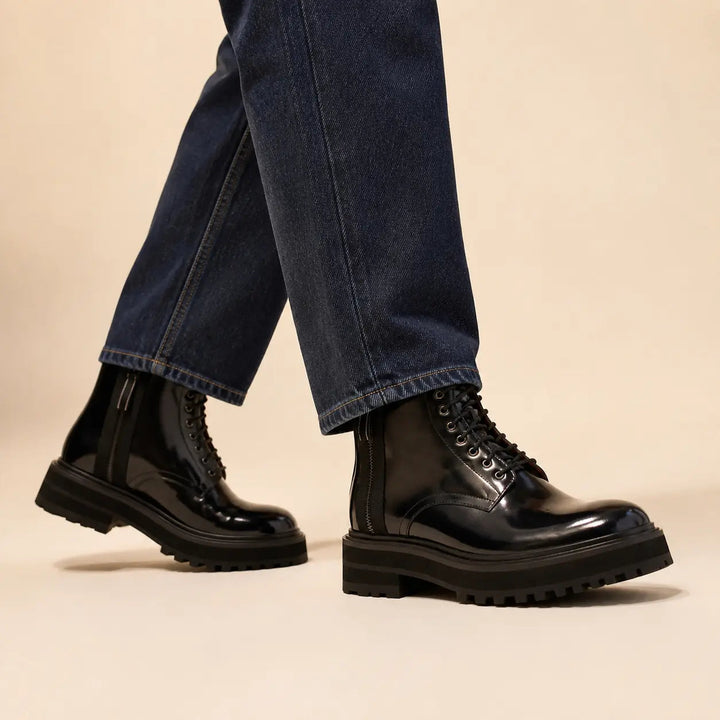 Blue Patent Side-Zip Combat Boot