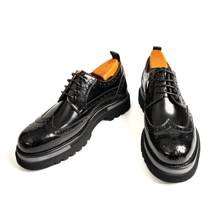 Black Wingtip Calf Leather Derby Shoes with Gray Sole Stripe