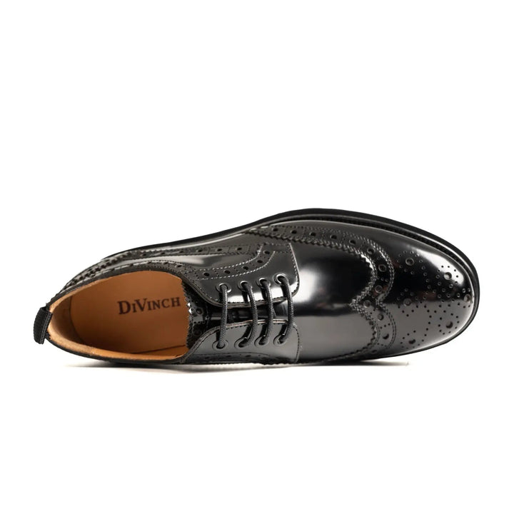Black Wingtip Calf Leather Derby Shoes with Gray Sole Stripe