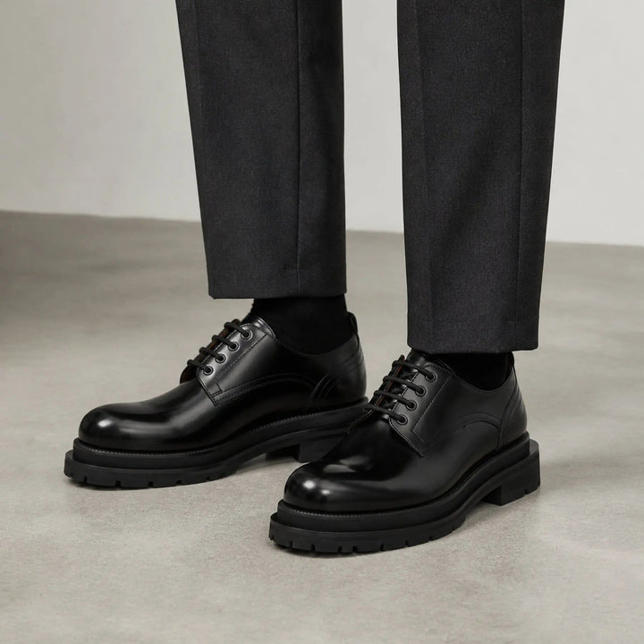 Black Plain-Toe Calf Leather Derby Shoes
