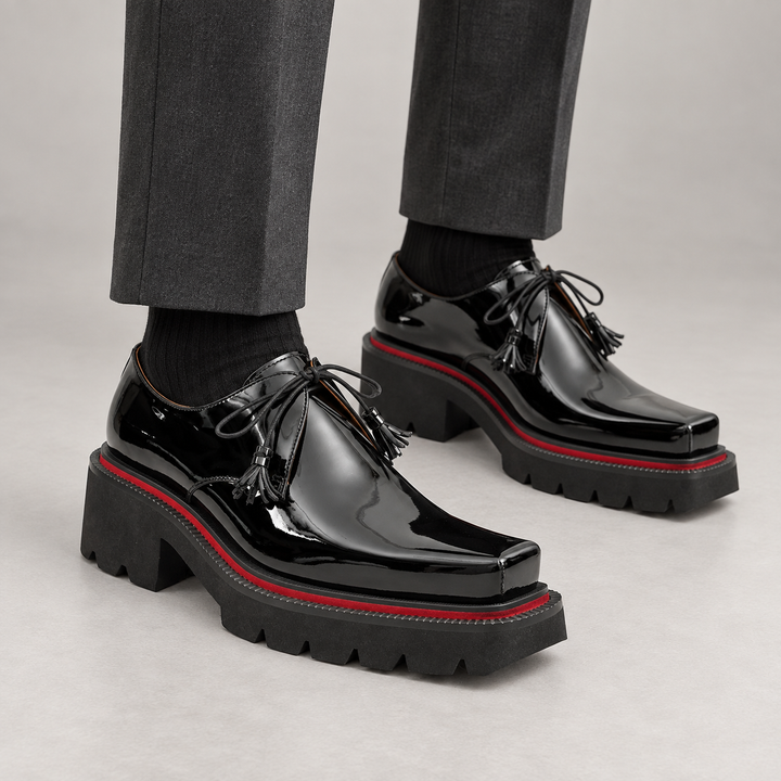 Black-Red Square-Toe Calf Leather Derby Shoes