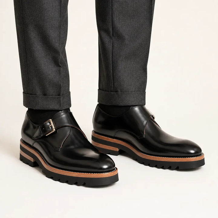 Black Leather Monk Strap Shoes with Chunky Soles