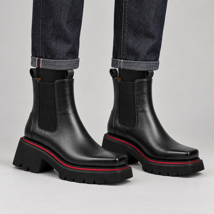 Black Square-Toe Calf Leather Chelsea Boots