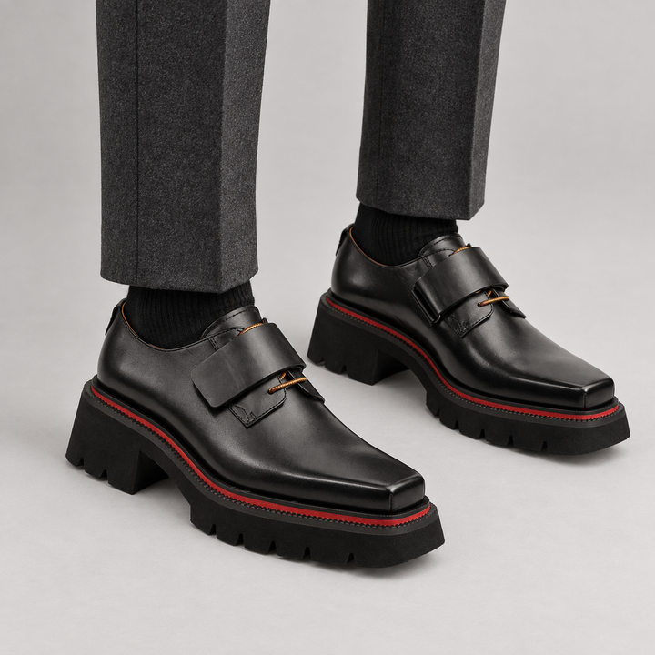 Black Square-Toe Calf Leather Monk Shoes