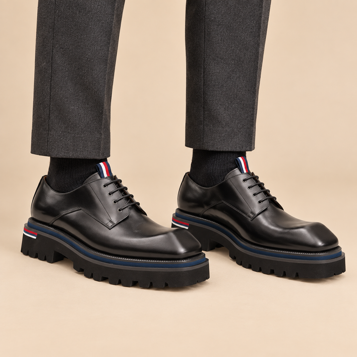 Black Square-Toe Cow Leather Derby Shoes