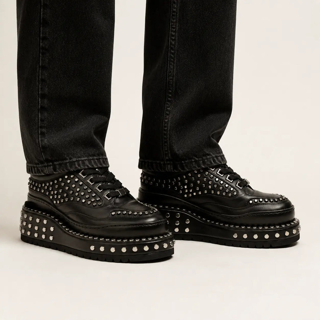 Black Studded Calf Leather Derby Shoes