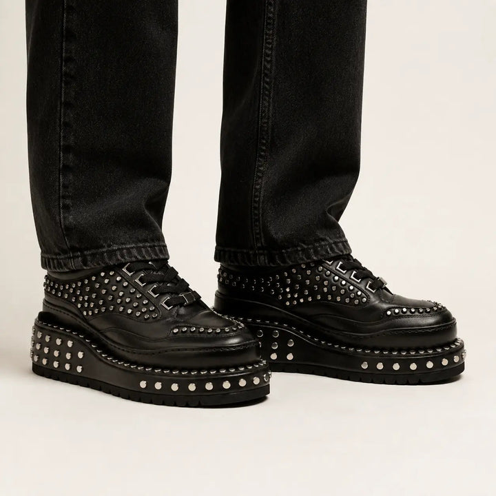 Black Studded Calf Leather Derby Shoes