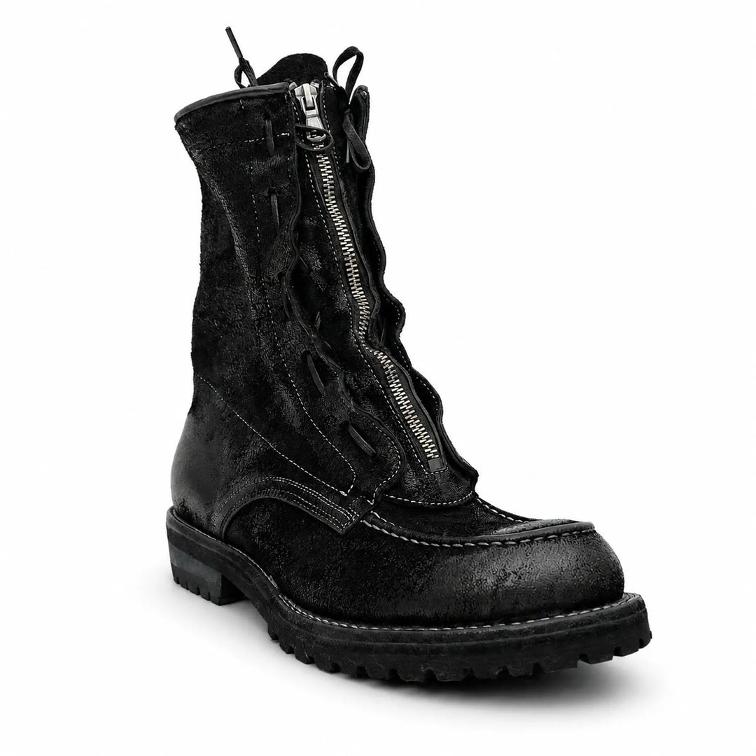 Black Plain-Toe Horsehide Lace-Up Boots