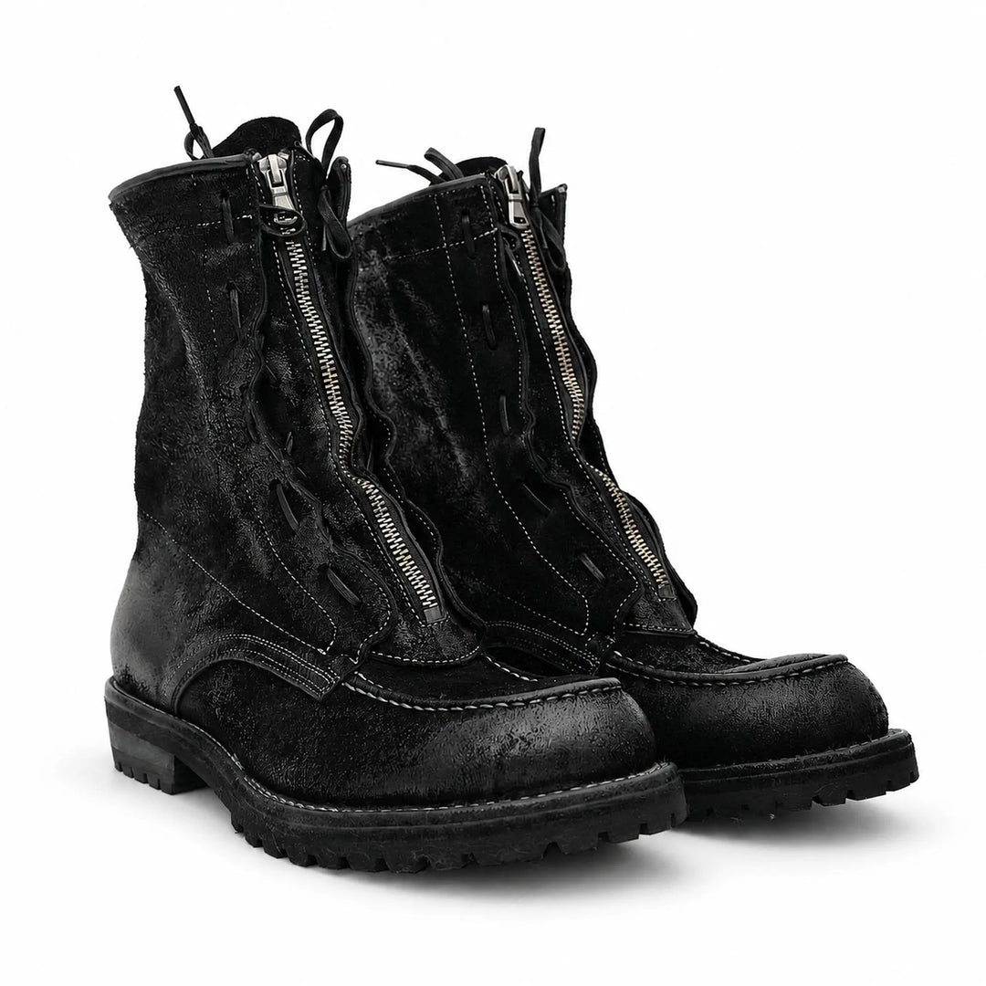 Black Plain-Toe Horsehide Lace-Up Boots