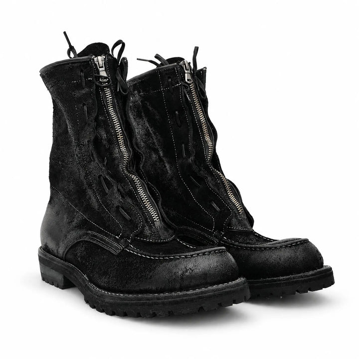 Black Plain-Toe Horsehide Lace-Up Boots