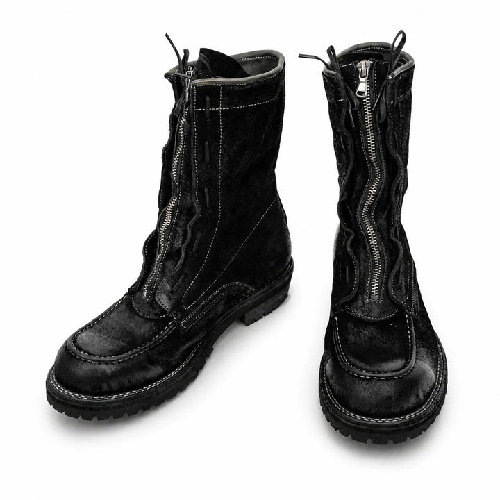 Black Plain-Toe Horsehide Lace-Up Boots