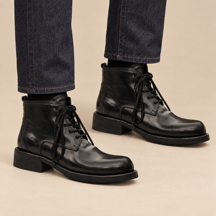 Black Washed Horse Butt Leather Ankle Boots
